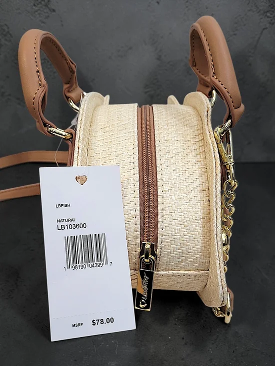 Betsey Johnson Beige  Fish-Shaped Crossbody Bag Wicker with Brown Trim - Picture 4 of 10